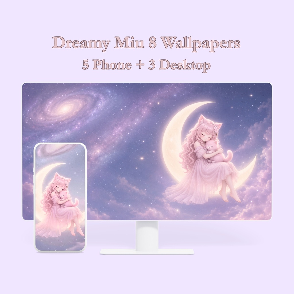 Miu Dreamy Night ピンク猫耳少女 スマホ＆デスクトップ壁紙8枚セット