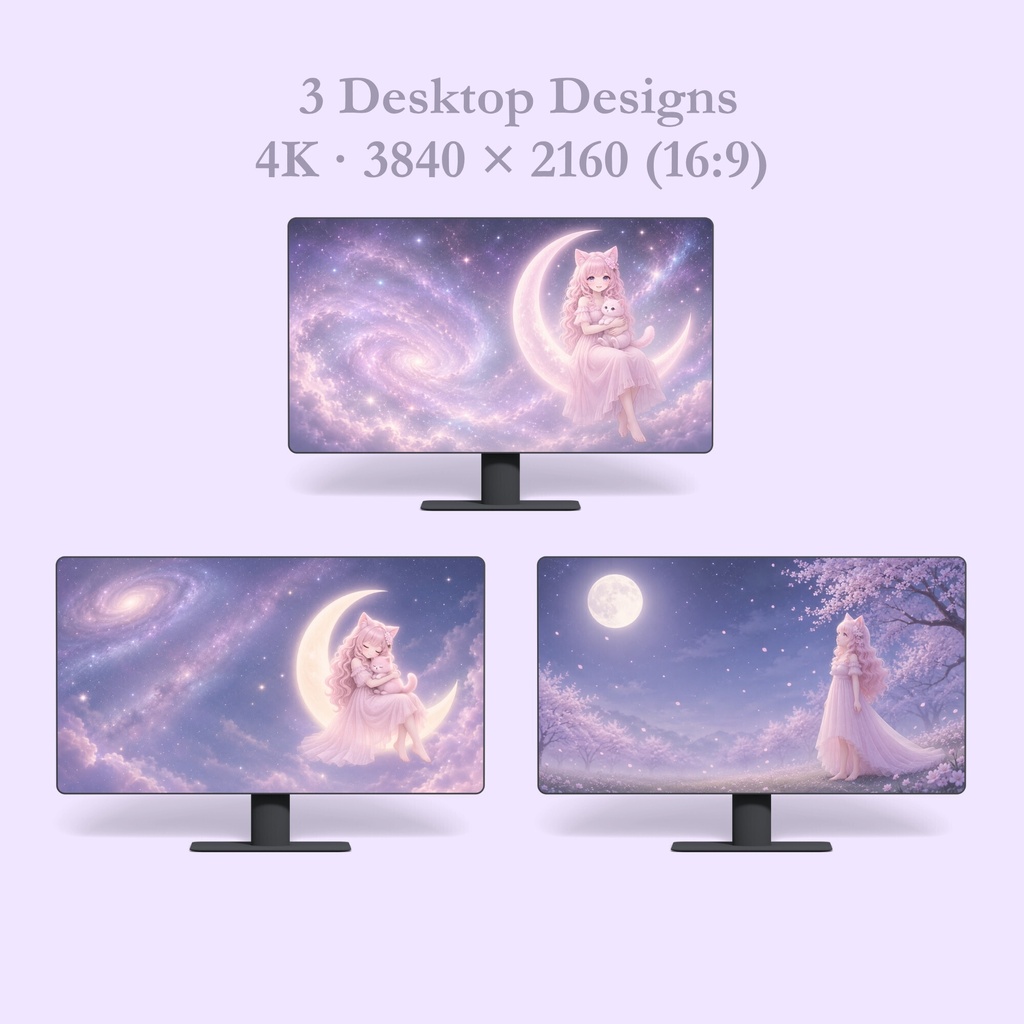 Miu Dreamy Night ピンク猫耳少女 スマホ&デスクトップ壁紙8枚セット
