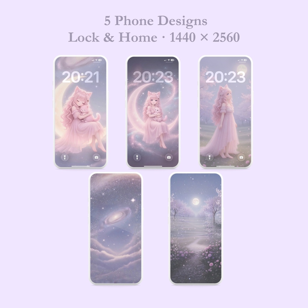 Miu Dreamy Night ピンク猫耳少女 スマホ&デスクトップ壁紙8枚セット