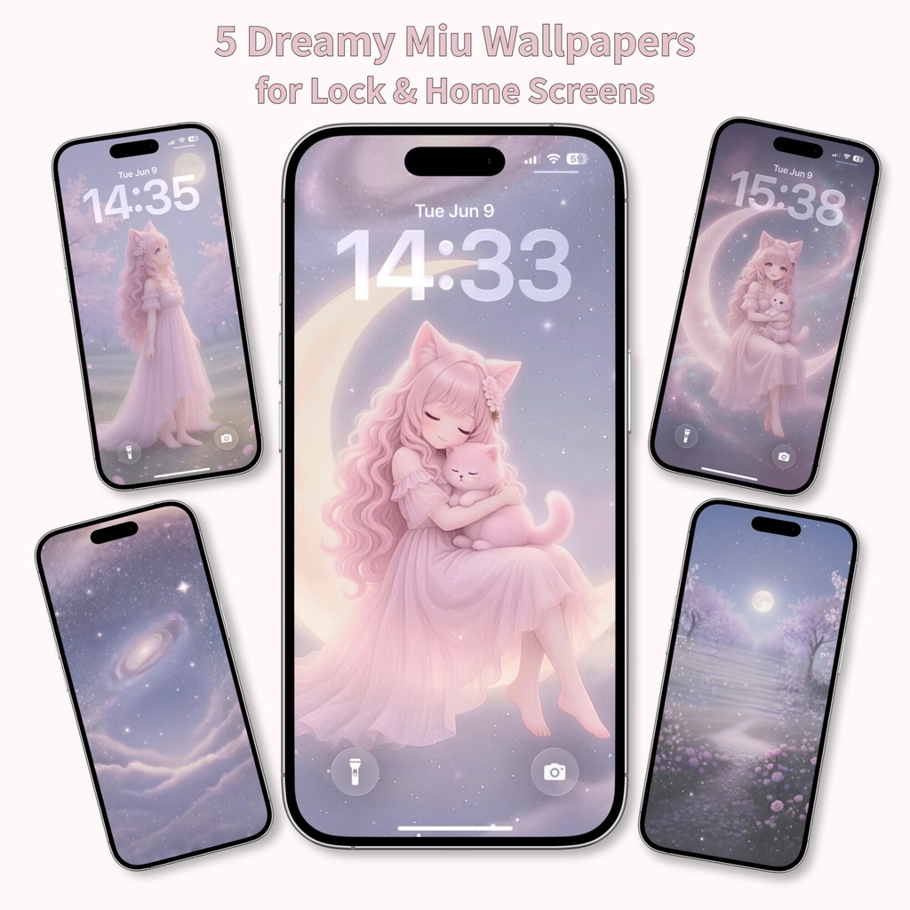Miu Dreamy Night ピンク猫耳少女 マッチング壁紙5枚セット
