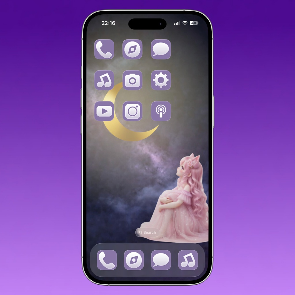 ダークラベンダー アイコンスターターセット｜スマホ壁紙＋アプリアイコン9種＋設定ガイド付き