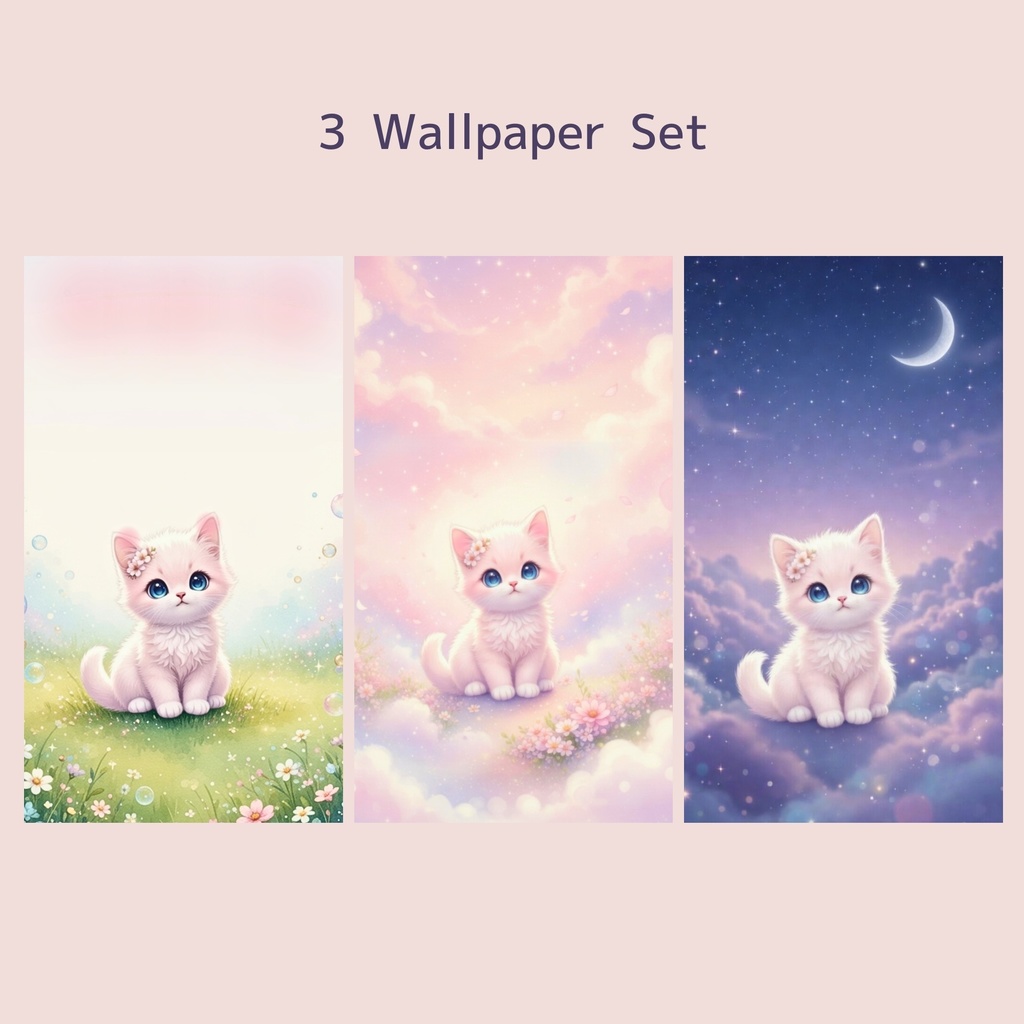 桜子猫 夢かわ壁紙セット(3枚)|パステル・癒し・スマホ壁紙