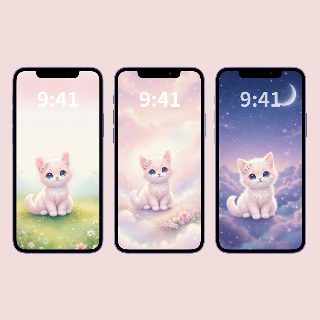 桜子猫 夢かわ壁紙セット(3枚)|パステル・癒し・スマホ壁紙
