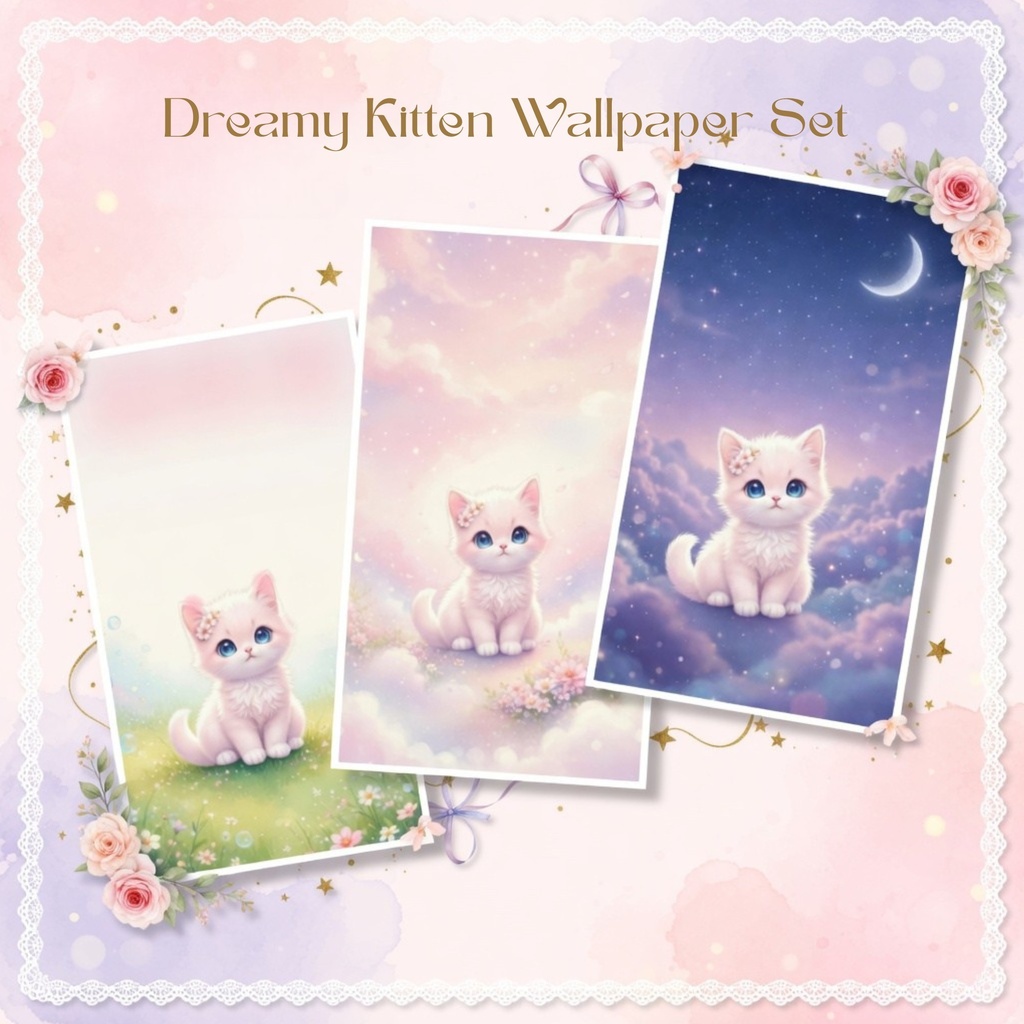 桜子猫 夢かわ壁紙セット（3枚）｜パステル・癒し・スマホ壁紙