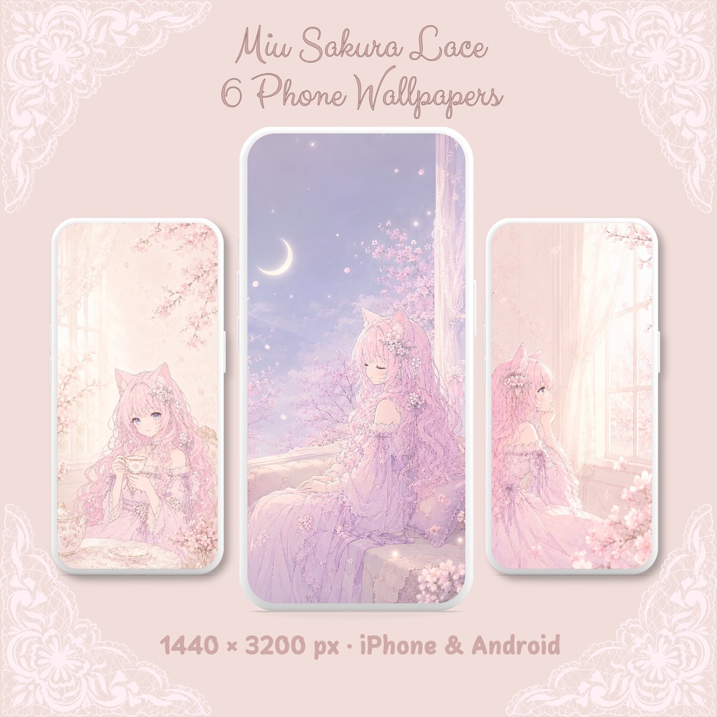 Miu Sakura Lace｜桜とレースの猫耳少女Miu スマホ壁紙6枚セット｜iPhone・Android対応