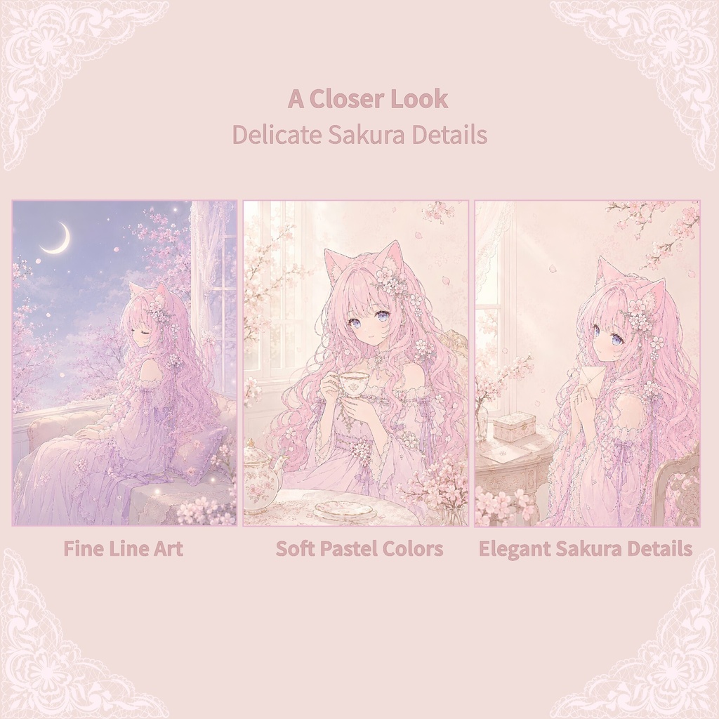 Miu Sakura Lace|桜とレースの猫耳少女Miu スマホ壁紙6枚セット|iPhone・Android対応
