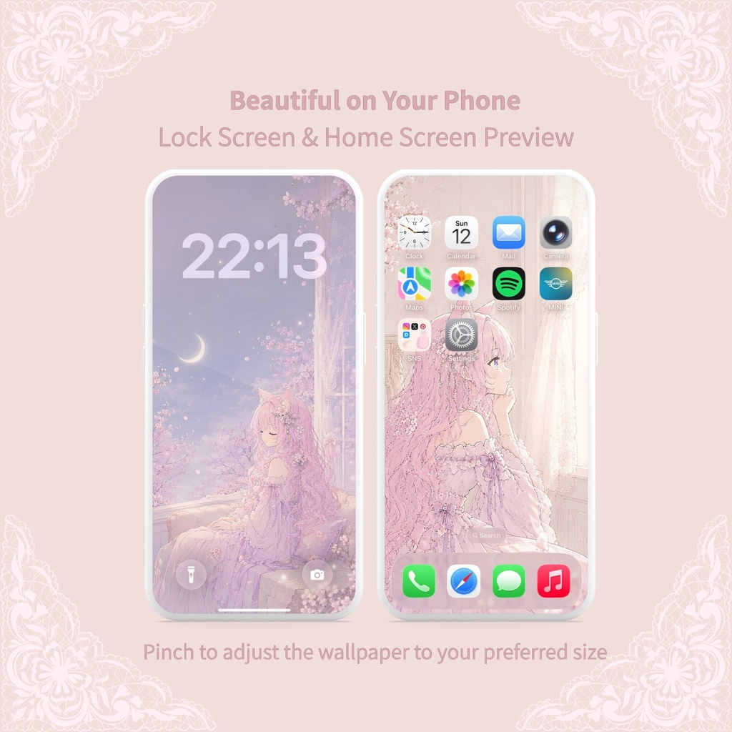 Miu Sakura Lace|桜とレースの猫耳少女Miu スマホ壁紙6枚セット|iPhone・Android対応