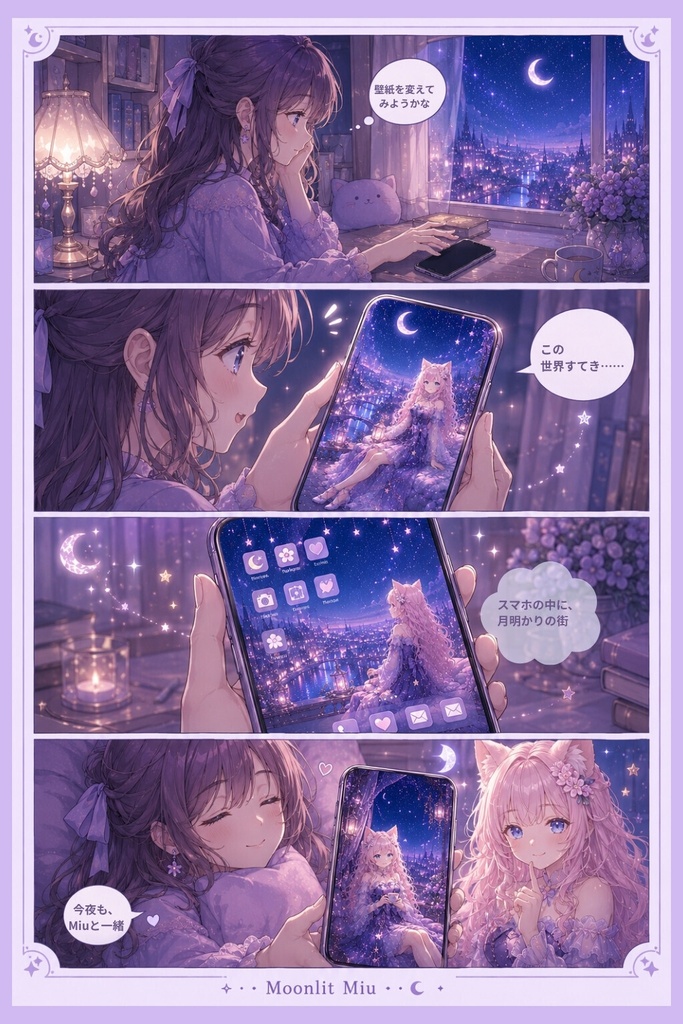 【スマホ壁紙6枚】Moonlit Miu|幻想的な月夜の猫耳少女|ロック・ホーム画面/iPhone・Android対応