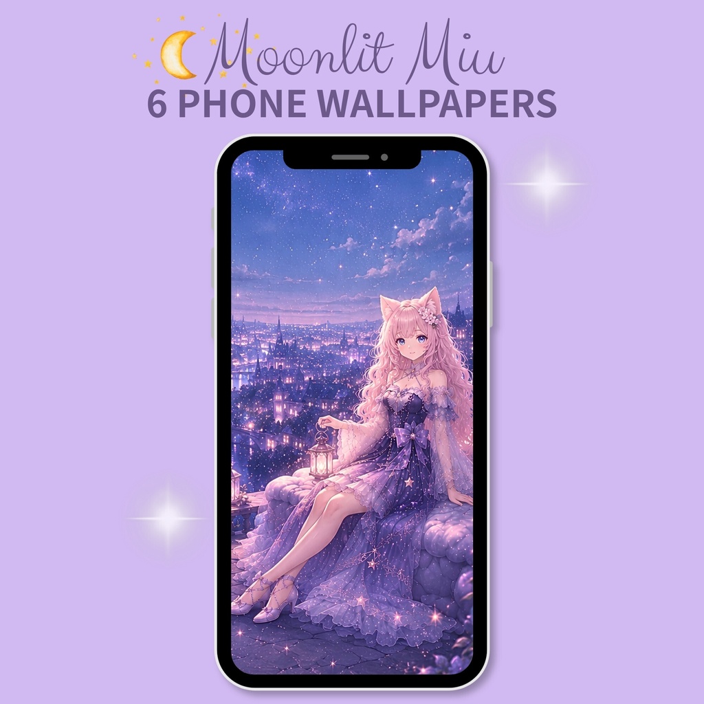 【スマホ壁紙6枚】Moonlit Miu｜幻想的な月夜の猫耳少女｜ロック・ホーム画面／iPhone・Android対応
