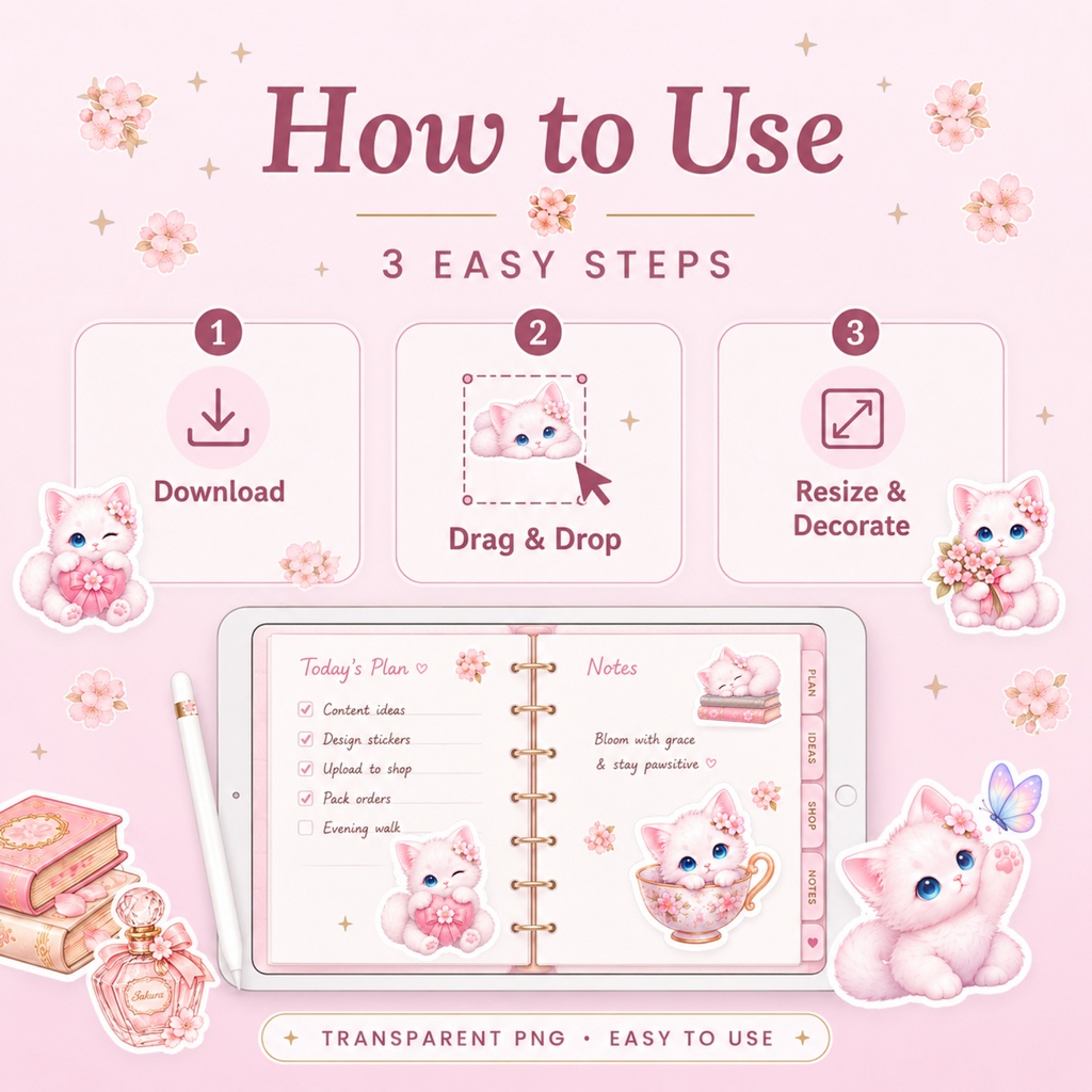 Sakura Kitten|デジタルステッカー25点セット|透過PNG・デジタルプランナー素材