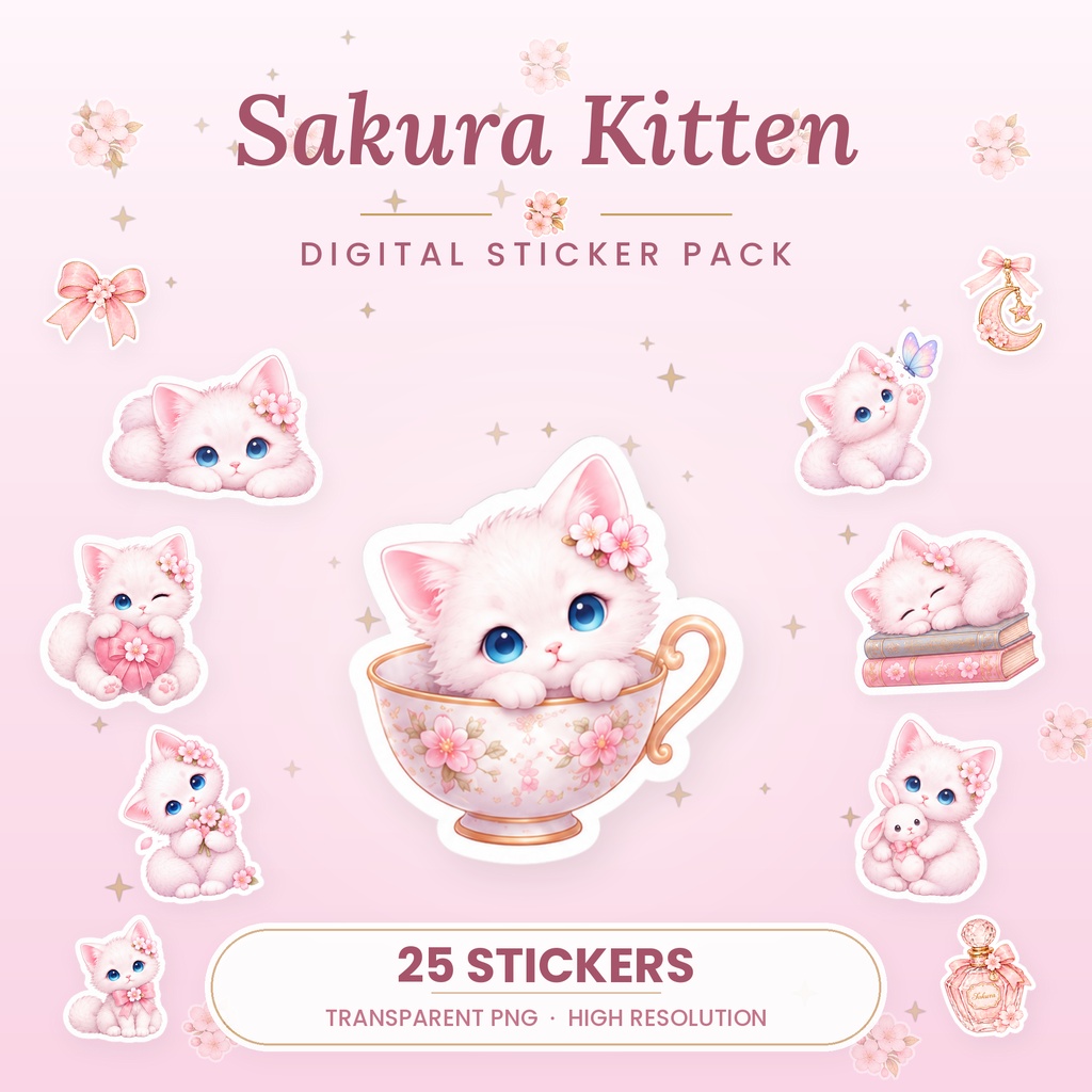 Sakura Kitten｜デジタルステッカー25点セット｜透過PNG・デジタルプランナー素材