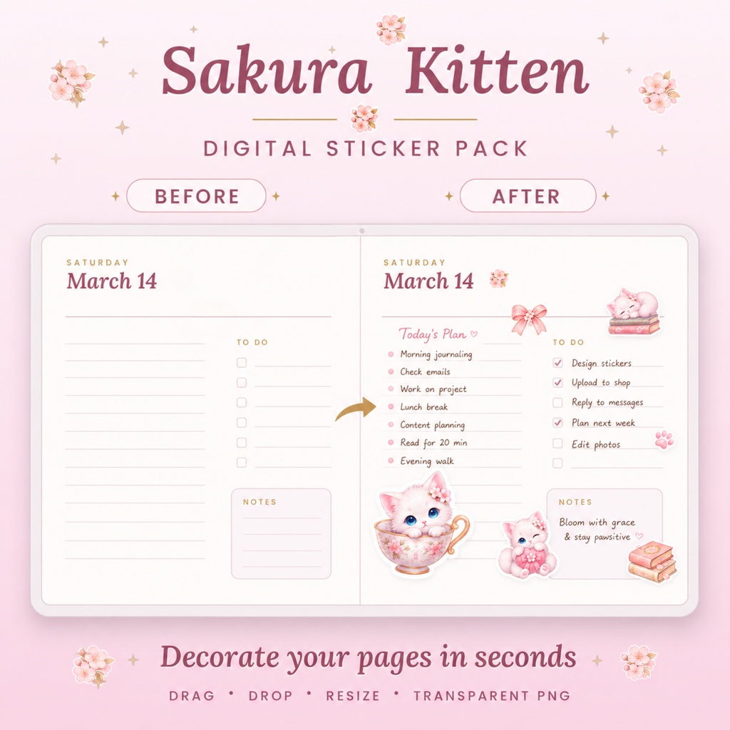 Sakura Kitten|デジタルステッカー25点セット|透過PNG・デジタルプランナー素材