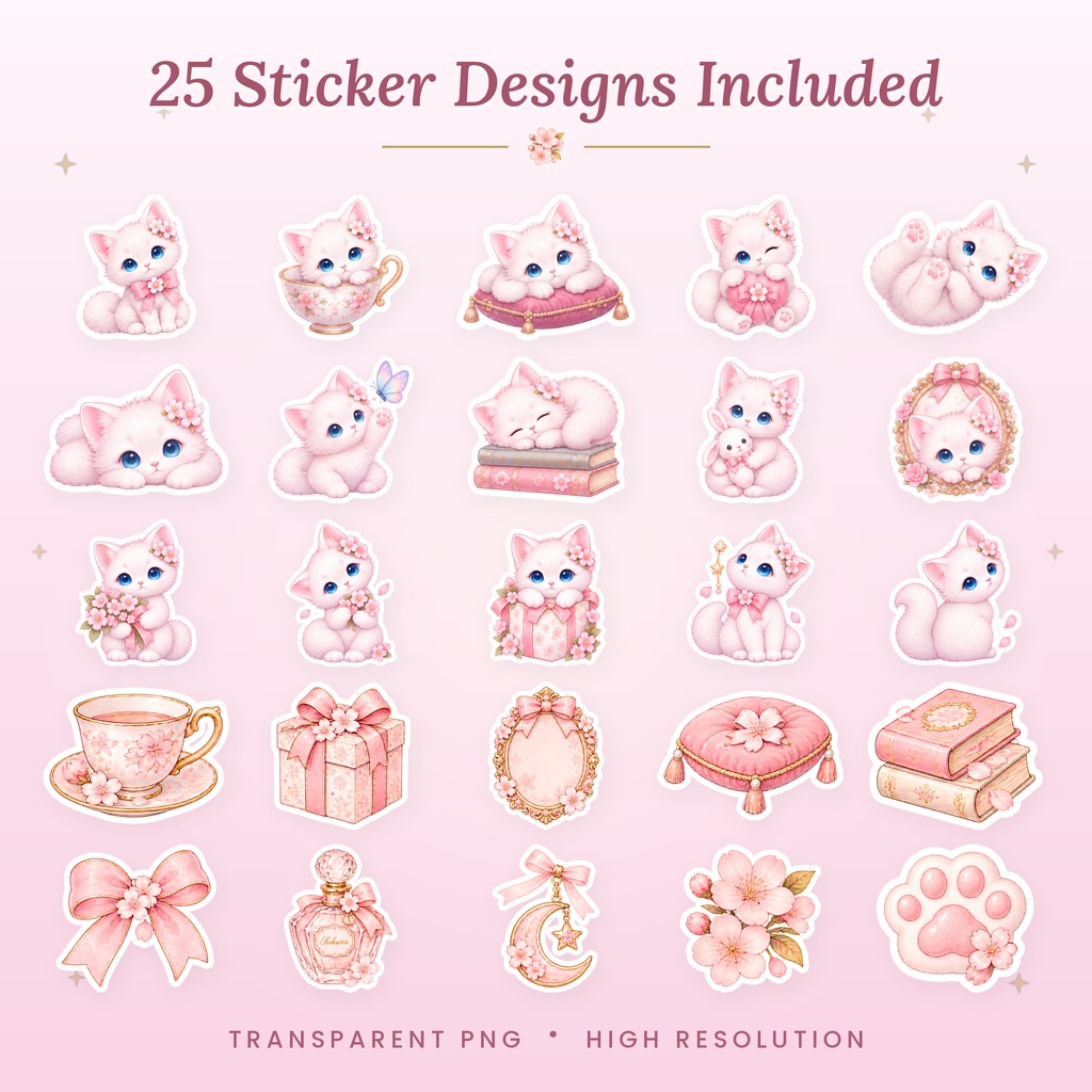 Sakura Kitten|デジタルステッカー25点セット|透過PNG・デジタルプランナー素材