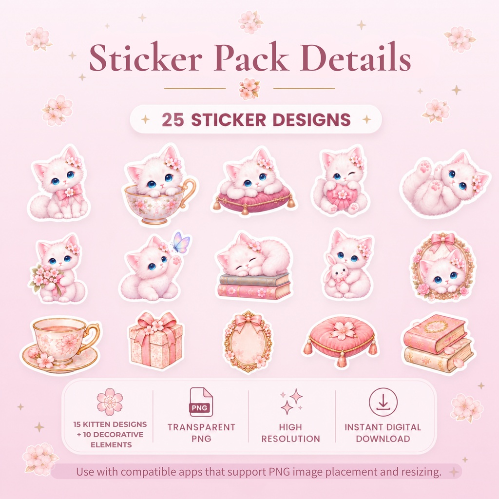 Sakura Kitten|デジタルステッカー25点セット|透過PNG・デジタルプランナー素材