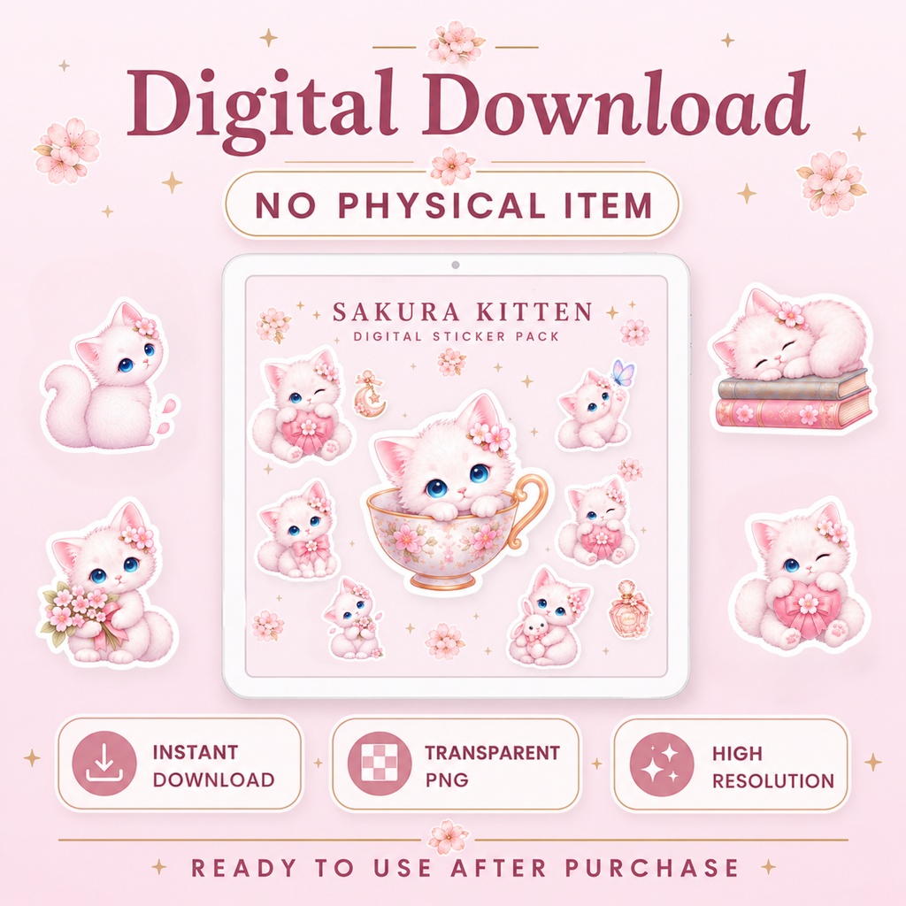 Sakura Kitten|デジタルステッカー25点セット|透過PNG・デジタルプランナー素材