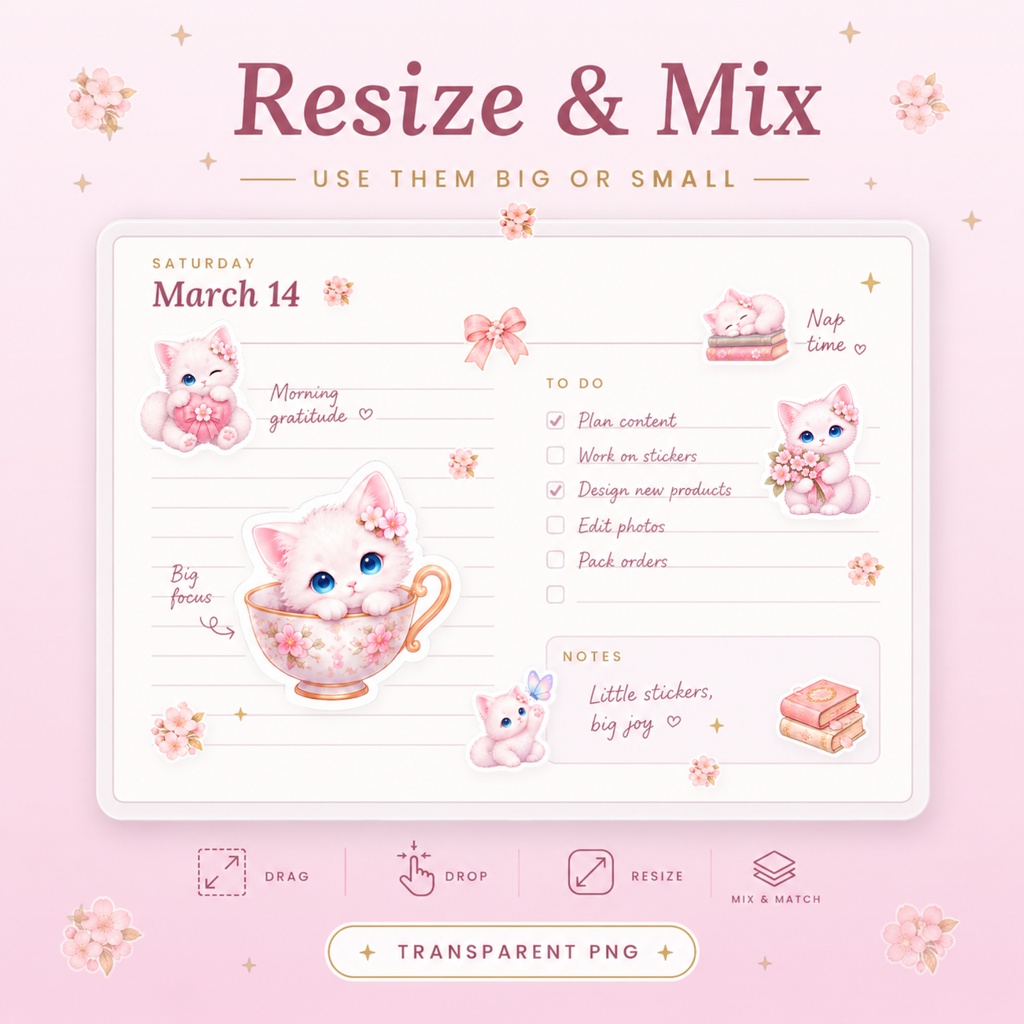 Sakura Kitten|デジタルステッカー25点セット|透過PNG・デジタルプランナー素材