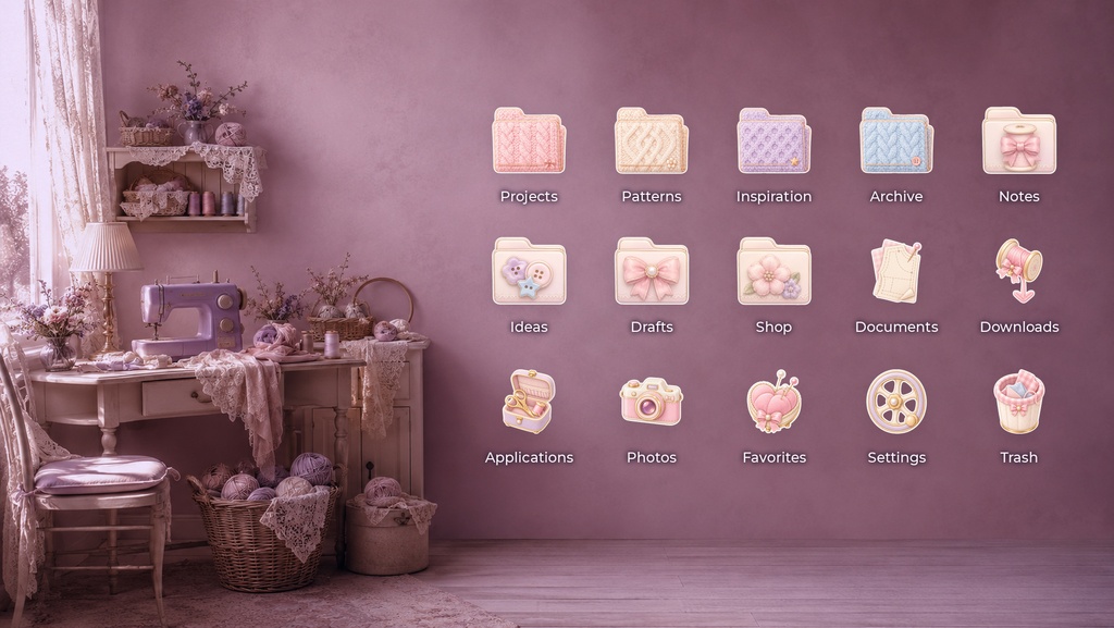 Petite Mercerie|ソーイング&ニットのデスクトップアイコン&フォルダー30種|Mac・Windows対応