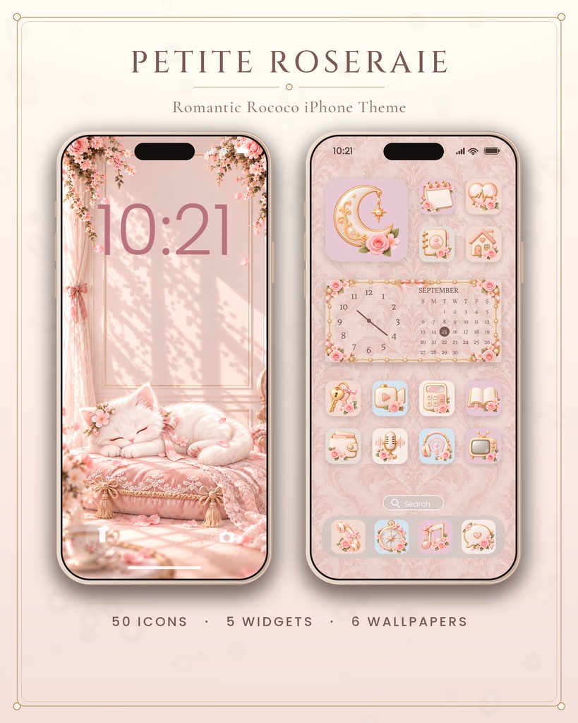 ピンクのiPhoneアイコン・ホーム画面カスタマイズセット|壁紙6枚・ウィジェット5種|Petite Roseraie