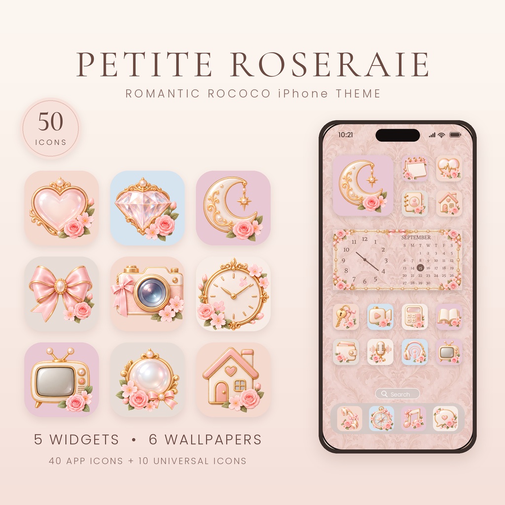 ピンクのiPhoneアイコン・ホーム画面カスタマイズセット｜壁紙6枚・ウィジェット5種｜Petite Roseraie