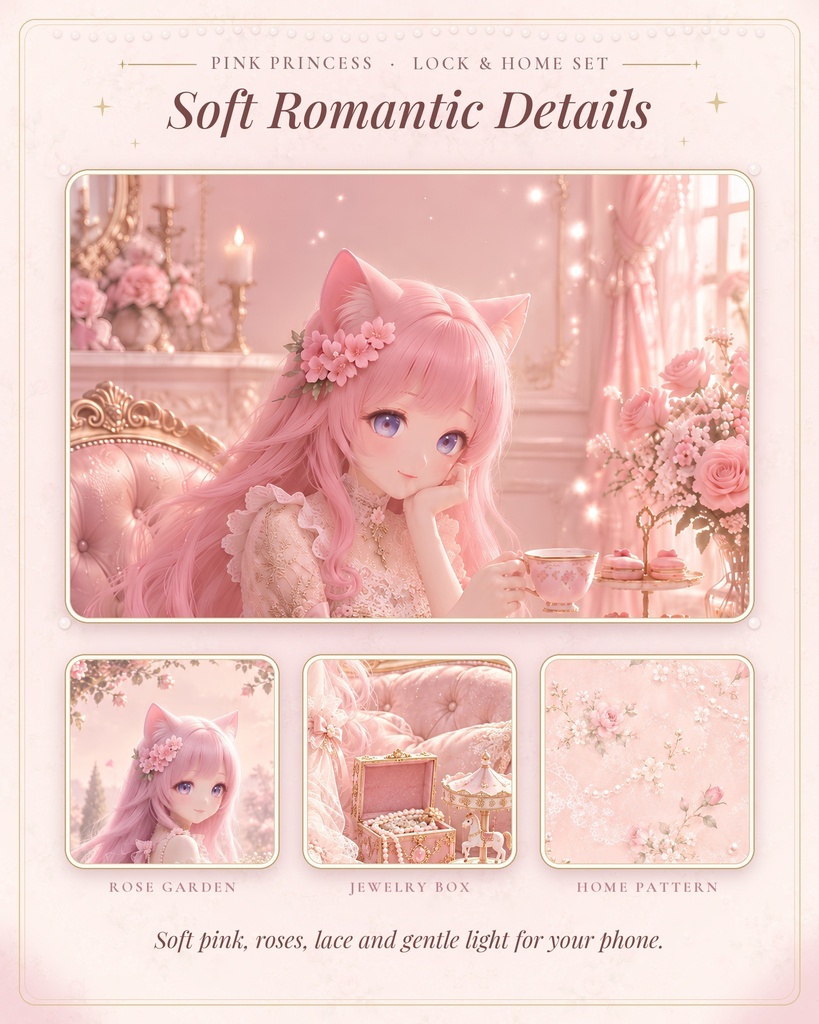 【スマホ壁紙】Pink Princess ロック画面&ホーム画面セット|猫耳少女・ピンク・お姫様|iPhone/Android対応