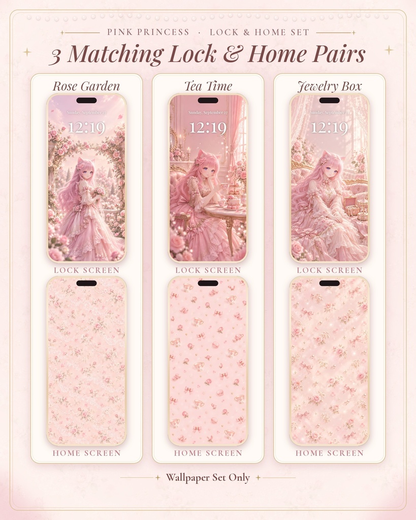 【スマホ壁紙】Pink Princess ロック画面&ホーム画面セット|猫耳少女・ピンク・お姫様|iPhone/Android対応