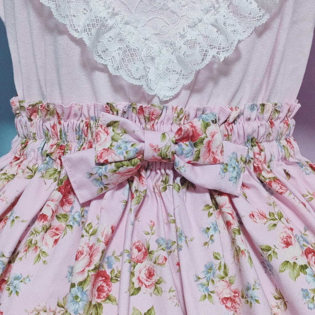 ピンクの薔薇柄綿レーススカート