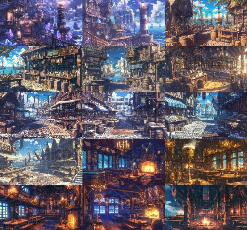 【182枚】バイキング港町の風景背景イラスト【著作権フリー素材/フリー画像】