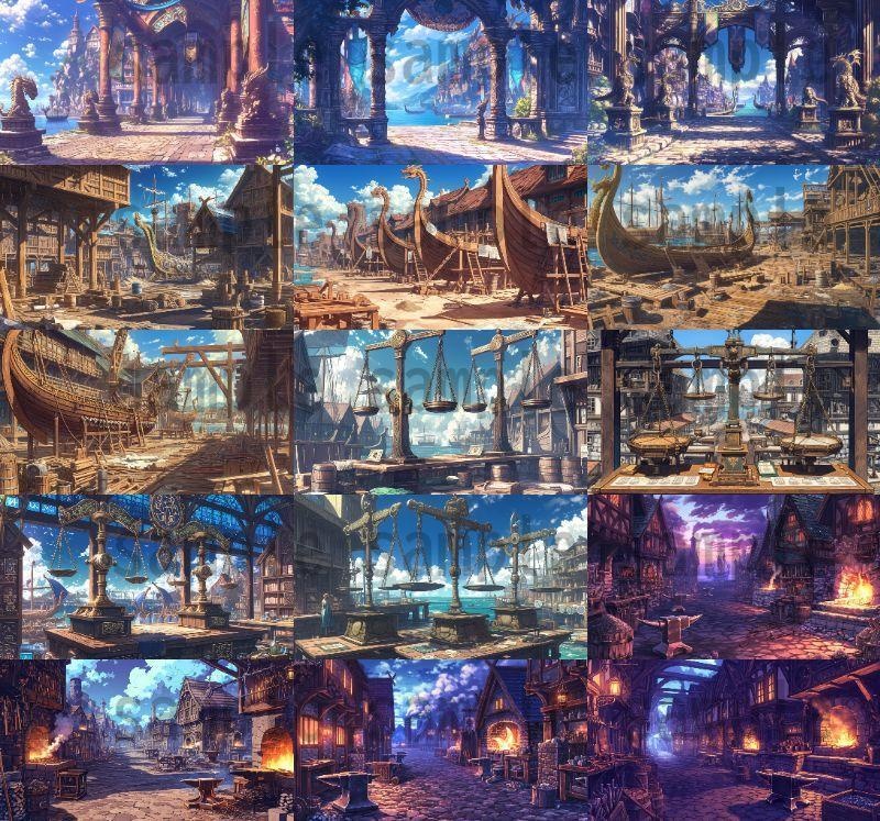 【182枚】バイキング港町の風景背景イラスト【著作権フリー素材/フリー画像】