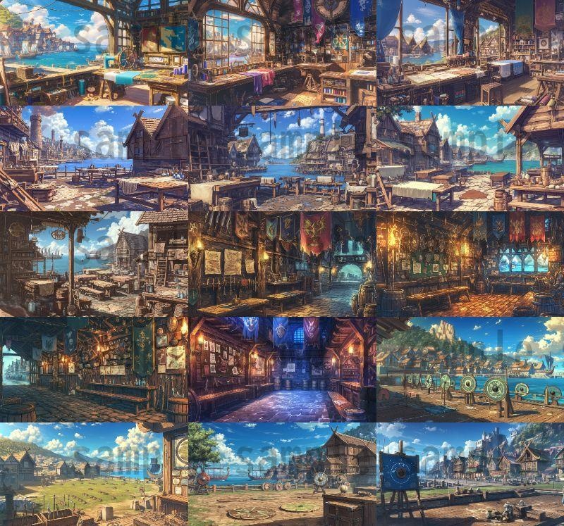 【182枚】バイキング港町の風景背景イラスト【著作権フリー素材/フリー画像】