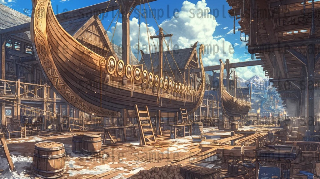 【182枚】バイキング港町の風景背景イラスト【著作権フリー素材/フリー画像】