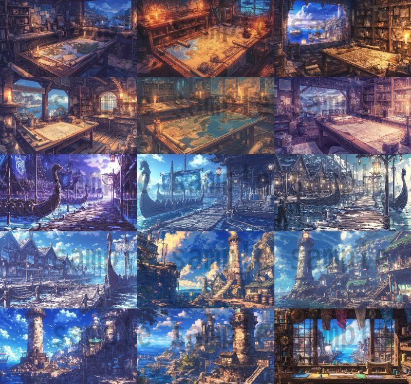 【182枚】バイキング港町の風景背景イラスト【著作権フリー素材/フリー画像】