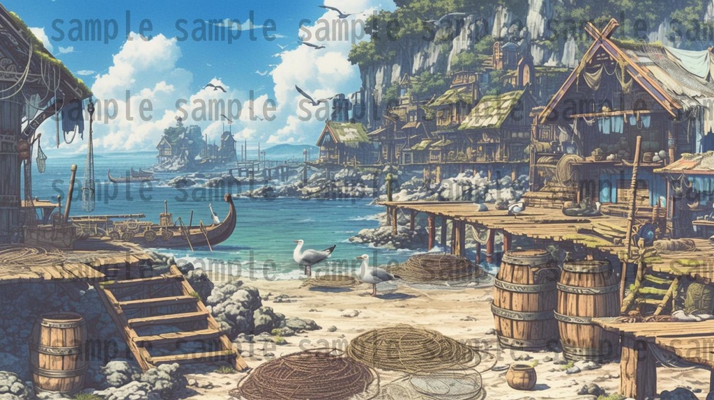 【182枚】バイキング港町の風景背景イラスト【著作権フリー素材/フリー画像】