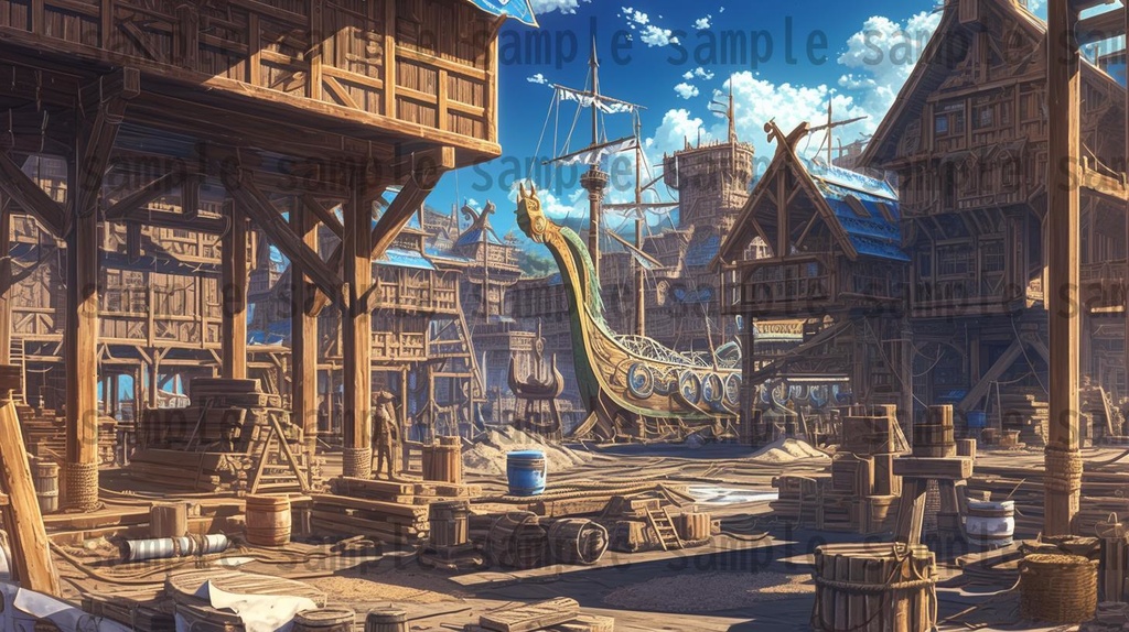 【182枚】バイキング港町の風景背景イラスト【著作権フリー素材/フリー画像】