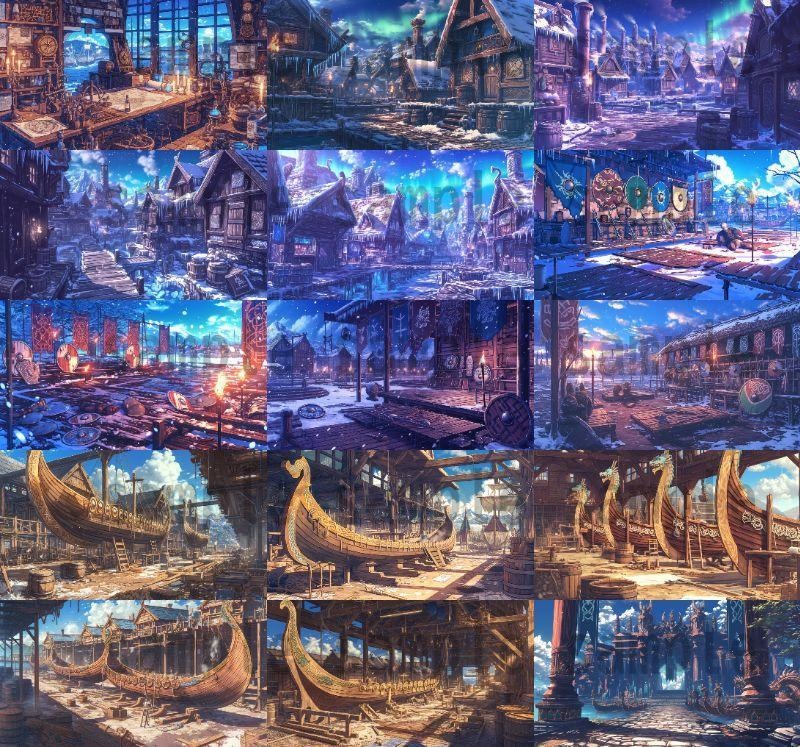 【182枚】バイキング港町の風景背景イラスト【著作権フリー素材/フリー画像】