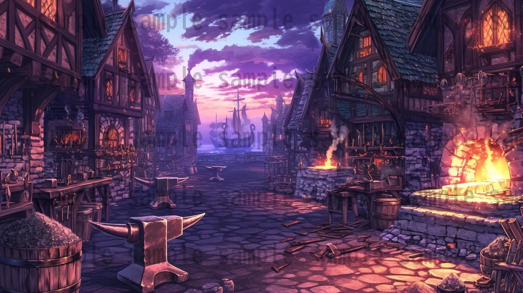 【182枚】バイキング港町の風景背景イラスト【著作権フリー素材/フリー画像】