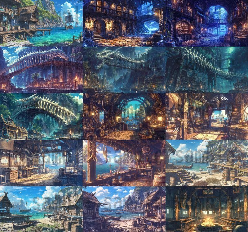 【182枚】バイキング港町の風景背景イラスト【著作権フリー素材/フリー画像】