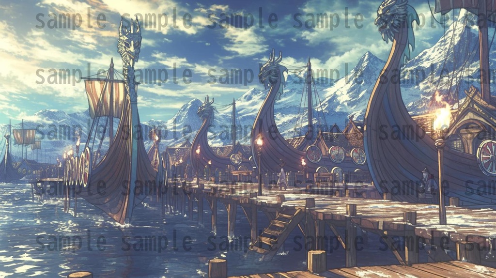 【182枚】バイキング港町の風景背景イラスト【著作権フリー素材/フリー画像】