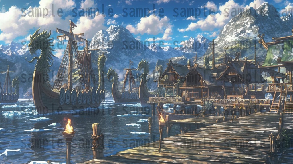 【182枚】バイキング港町の風景背景イラスト【著作権フリー素材/フリー画像】
