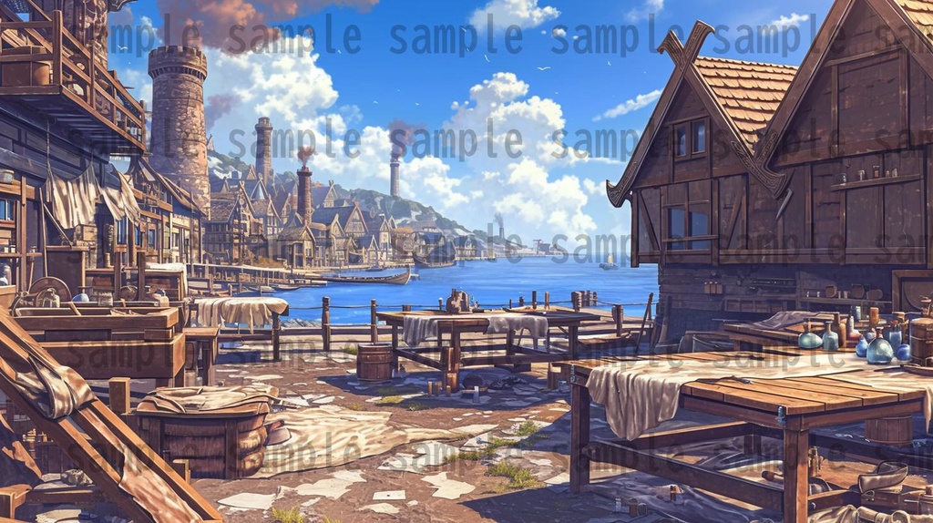 【182枚】バイキング港町の風景背景イラスト【著作権フリー素材/フリー画像】