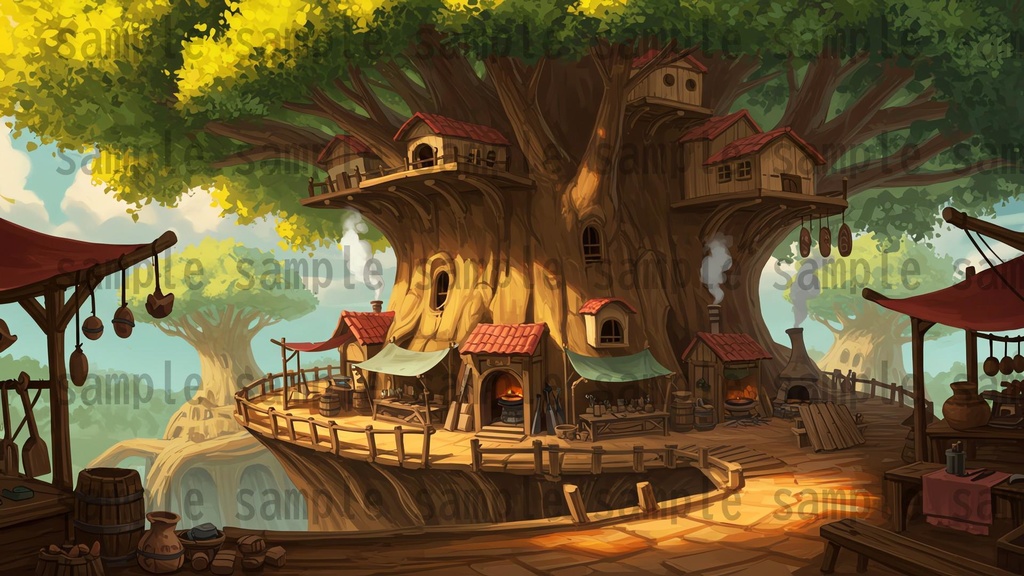 【168枚】世界樹と共生都市 ファンタジー背景イラスト【著作権フリー素材】TRPGや動画・表紙などに!