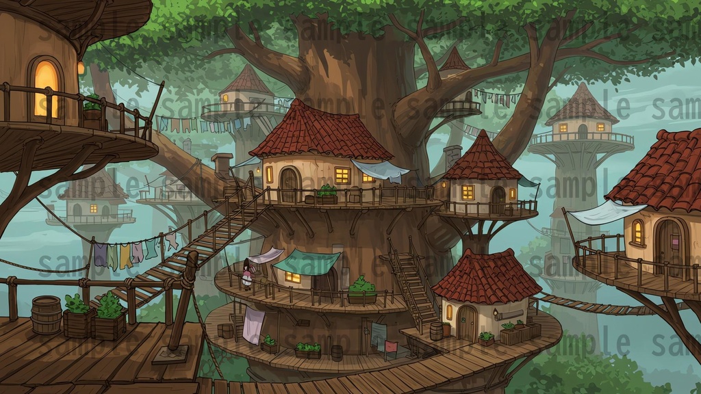 【168枚】世界樹と共生都市 ファンタジー背景イラスト【著作権フリー素材】TRPGや動画・表紙などに!