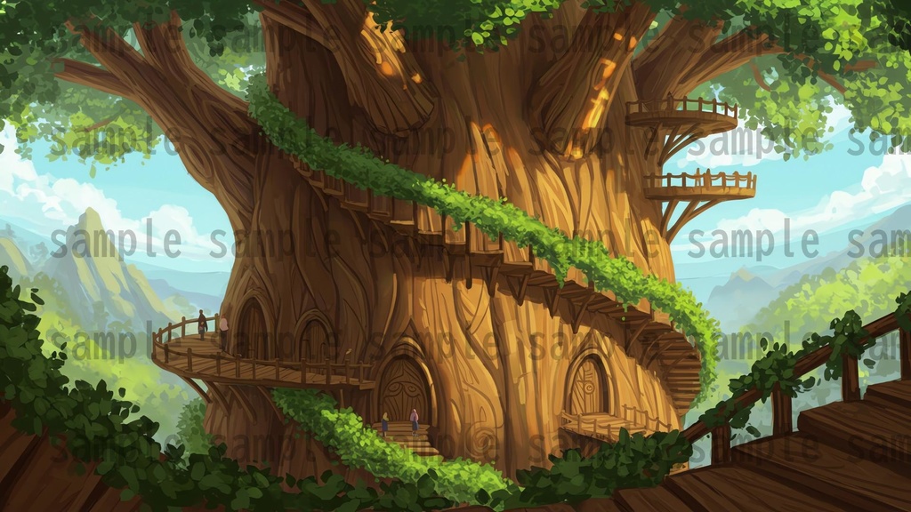 【168枚】世界樹と共生都市 ファンタジー背景イラスト【著作権フリー素材】TRPGや動画・表紙などに!