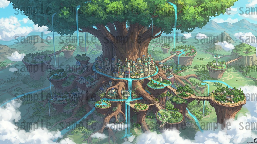 【168枚】世界樹と共生都市 ファンタジー背景イラスト【著作権フリー素材】TRPGや動画・表紙などに!