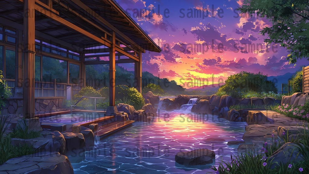 【120種/360枚】露天風呂の風景イラスト 季節・時間帯別【著作権フリー素材】春夏秋冬・昼・夕・夜の背景画