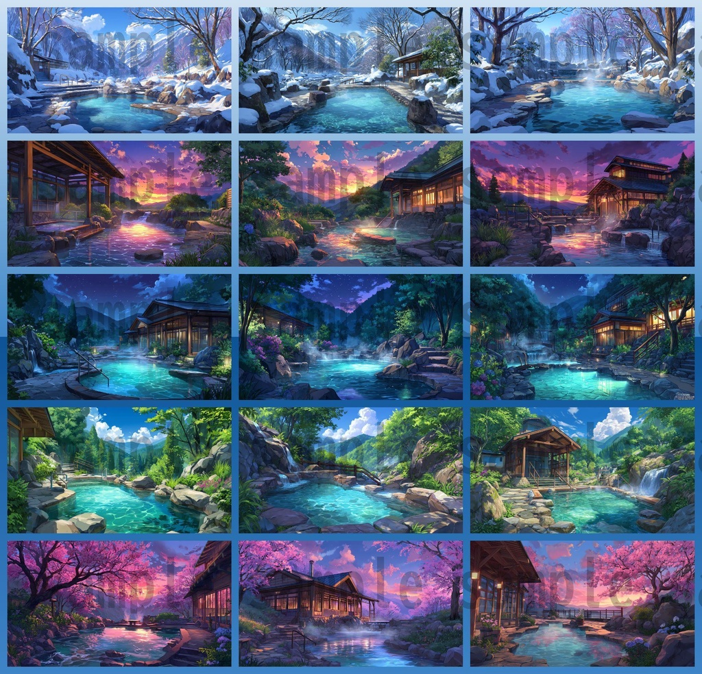 【120種/360枚】露天風呂の風景イラスト 季節・時間帯別【著作権フリー素材】春夏秋冬・昼・夕・夜の背景画