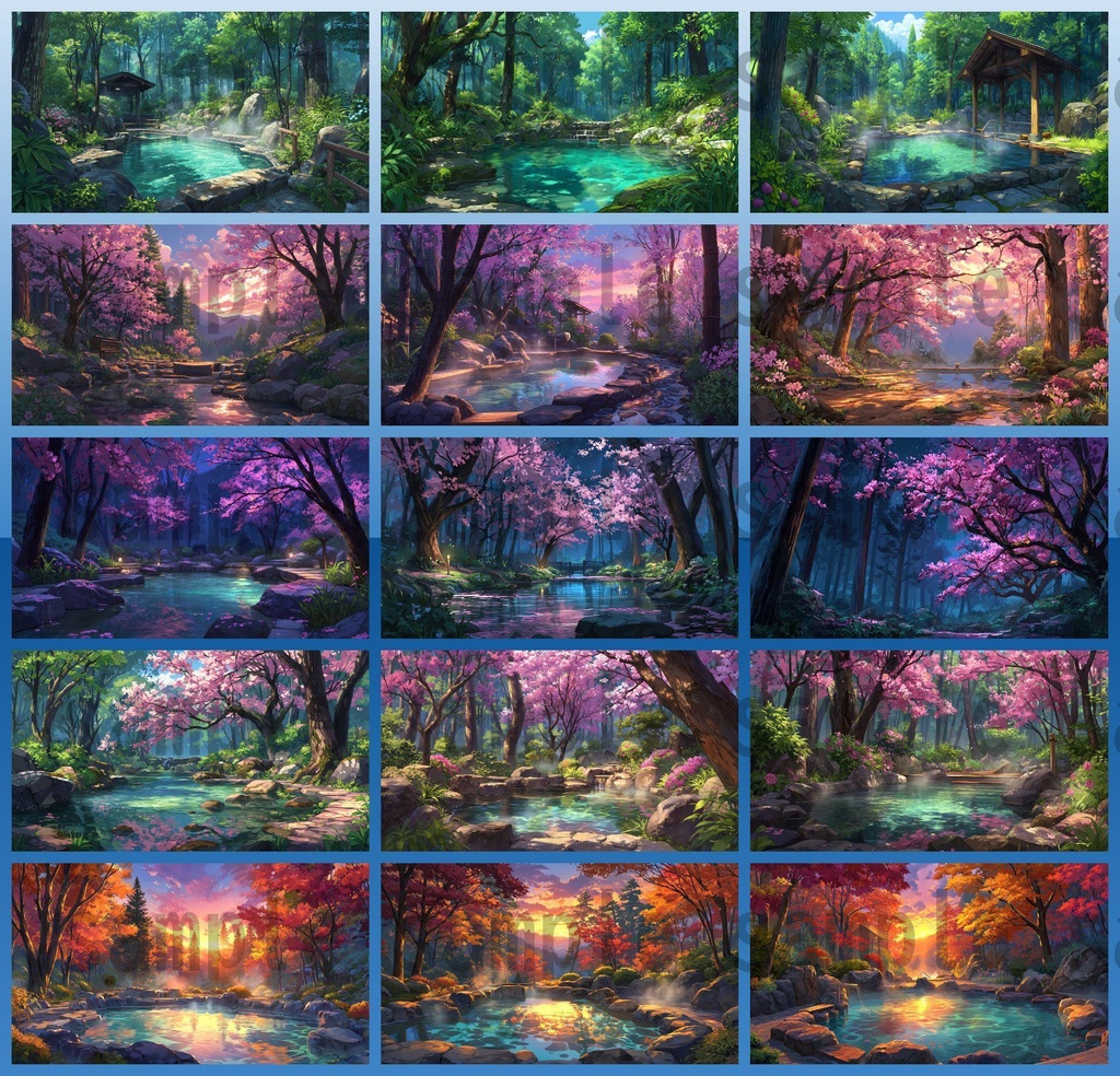 【120種/360枚】露天風呂の風景イラスト 季節・時間帯別【著作権フリー素材】春夏秋冬・昼・夕・夜の背景画