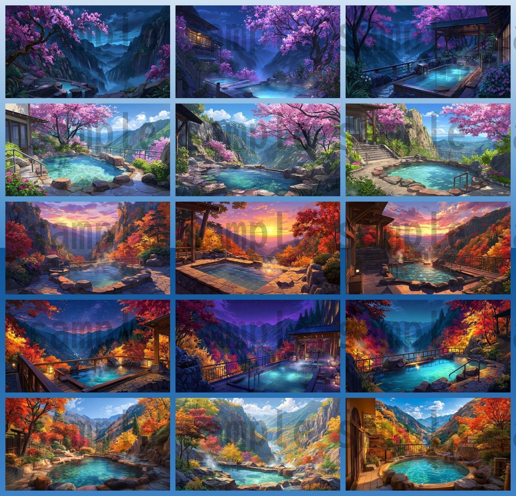 【120種/360枚】露天風呂の風景イラスト 季節・時間帯別【著作権フリー素材】春夏秋冬・昼・夕・夜の背景画