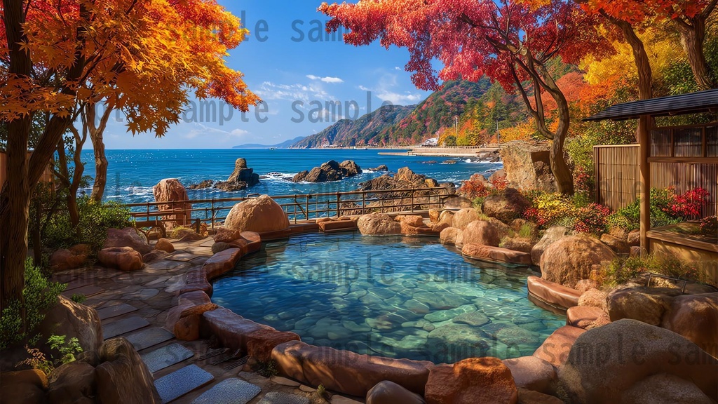 【120種/360枚】露天風呂の風景イラスト 季節・時間帯別【著作権フリー素材】春夏秋冬・昼・夕・夜の背景画