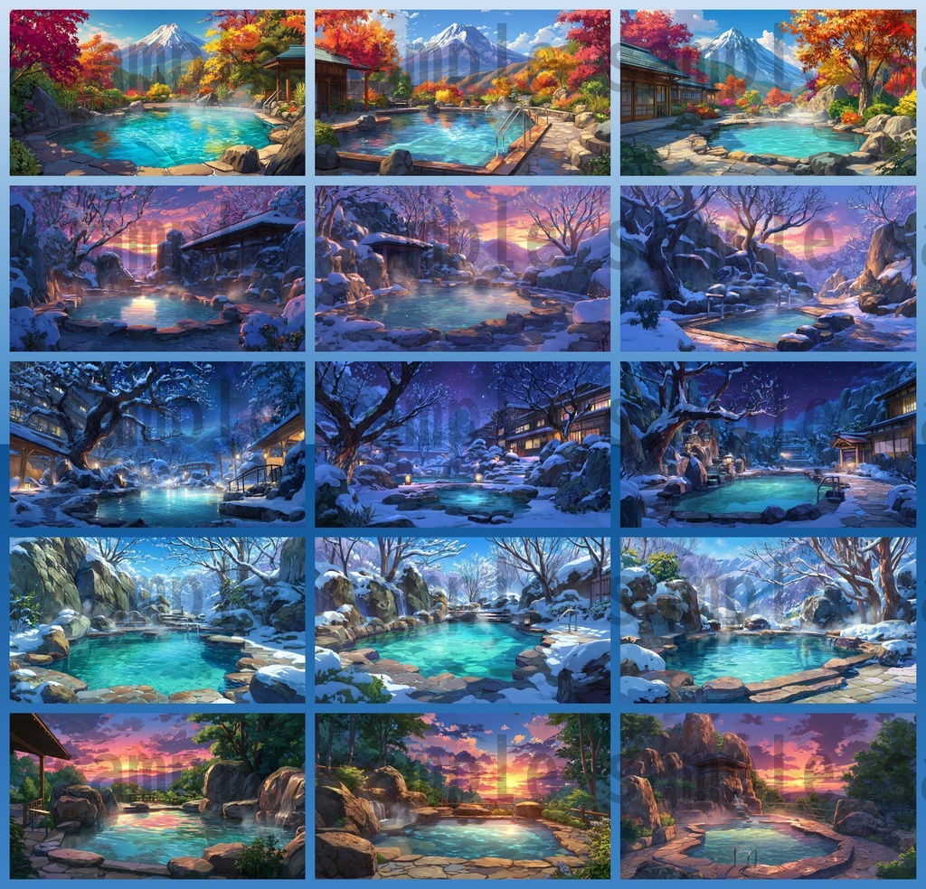 【120種/360枚】露天風呂の風景イラスト 季節・時間帯別【著作権フリー素材】春夏秋冬・昼・夕・夜の背景画