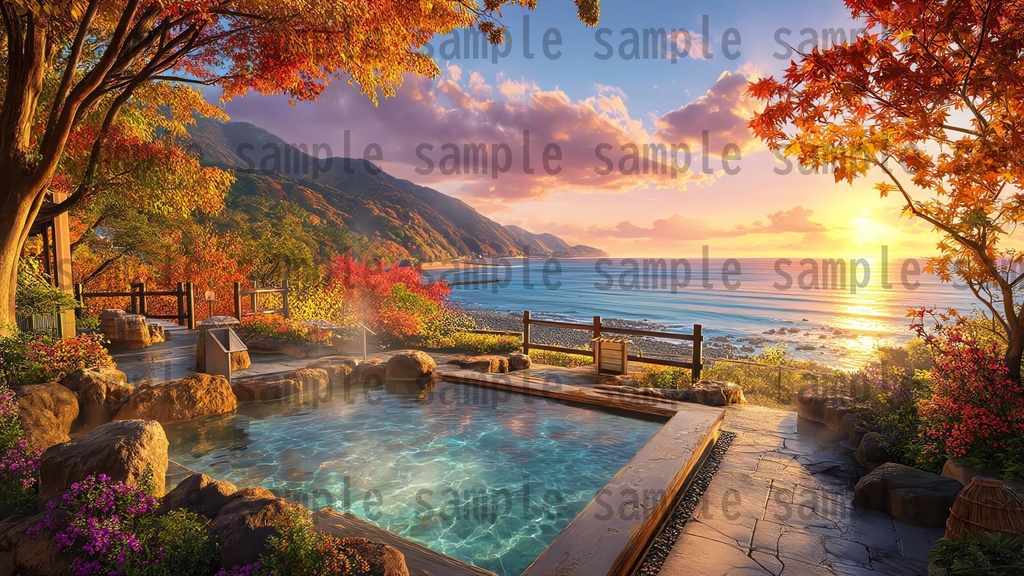 【120種/360枚】露天風呂の風景イラスト 季節・時間帯別【著作権フリー素材】春夏秋冬・昼・夕・夜の背景画